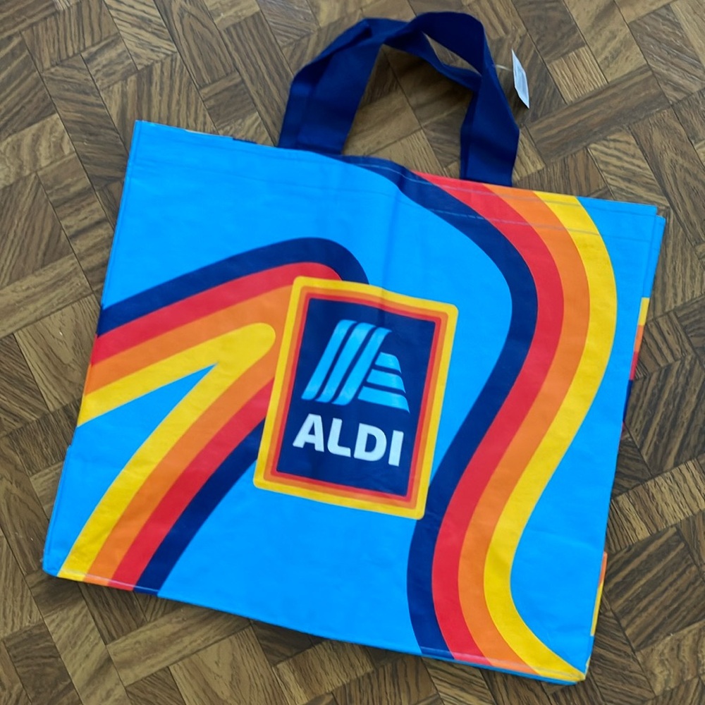Rare ALDI large retro rainbow large reusable shopping bags Navy handles L XL